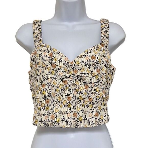 Minkpink Surrey Crop Top Cream Yellow Floral Side Zip Smocked Medium NWT Boho - Picture 2 of 12